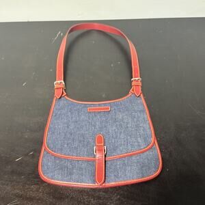 Vintage Dooney & Bourke Blue Denim Saddle Bag Red Leather Trim Messenger Handbag